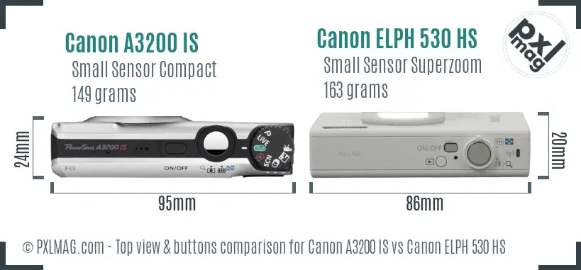 Canon A3200 IS vs Canon ELPH 530 HS top view buttons comparison Canon A3200 IS vs Canon ELPH 530 HS top view buttons comparison