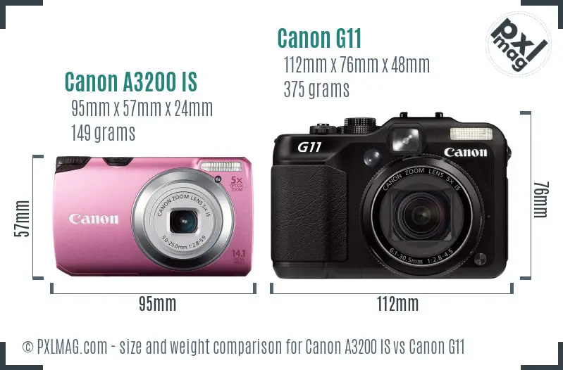 Canon A3200 IS vs Canon G11 size comparison