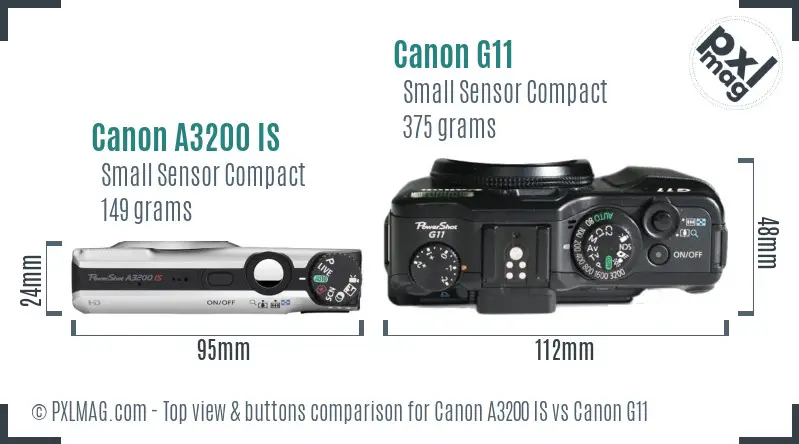 Canon A3200 IS vs Canon G11 top view buttons comparison