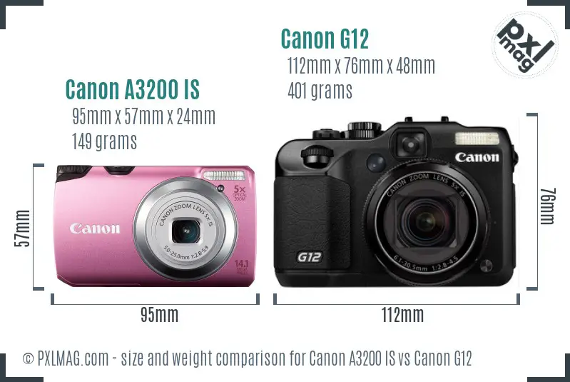 Canon A3200 IS vs Canon G12 size comparison