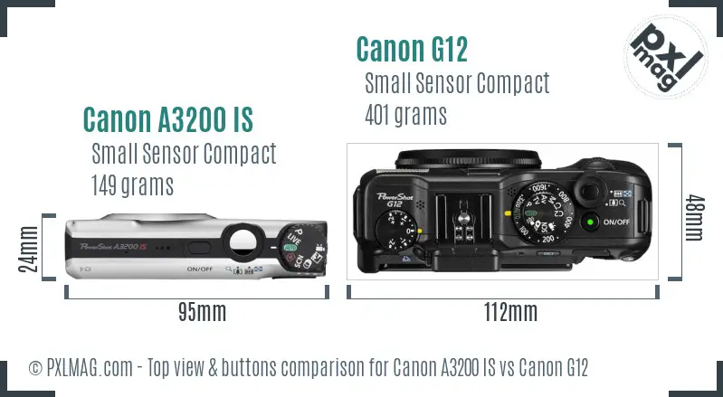 Canon A3200 IS vs Canon G12 top view buttons comparison