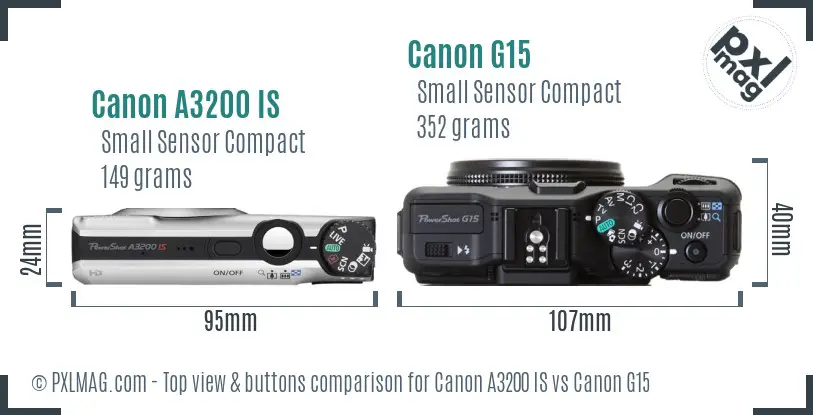 Canon A3200 IS vs Canon G15 top view buttons comparison