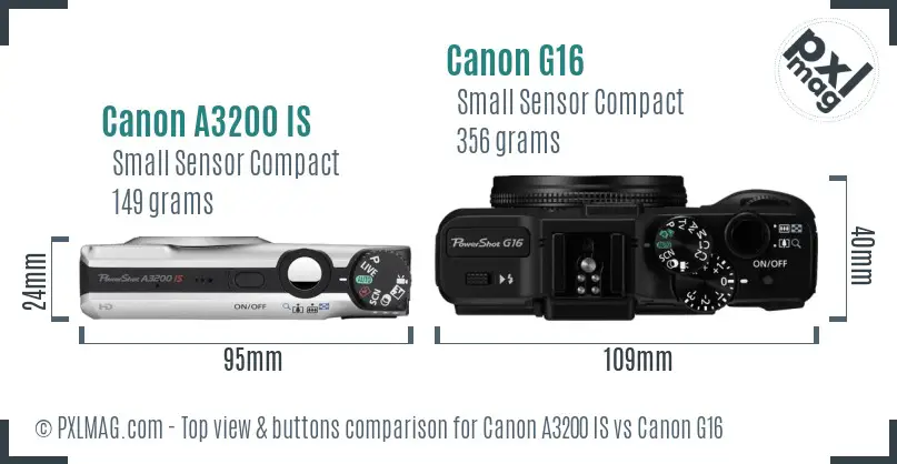 Canon A3200 IS vs Canon G16 top view buttons comparison