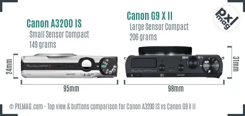 Canon A3200 IS vs Canon G9 X II top view buttons comparison