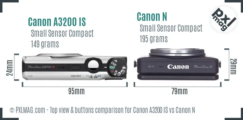 Canon A3200 IS vs Canon N top view buttons comparison