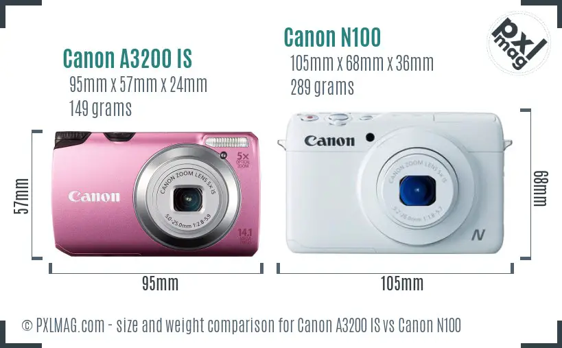 Canon A3200 IS vs Canon N100 size comparison