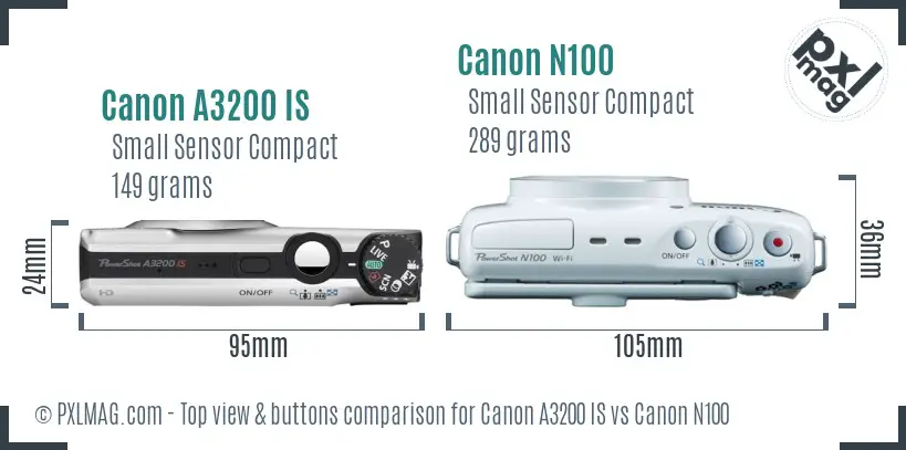 Canon A3200 IS vs Canon N100 top view buttons comparison