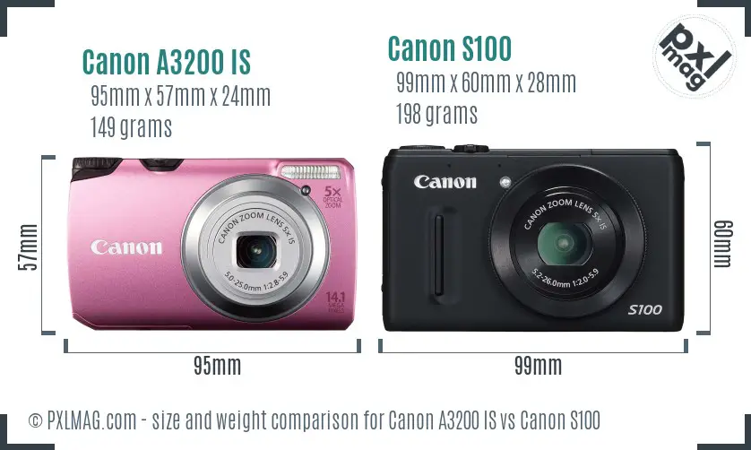 Canon A3200 IS vs Canon S100 size comparison