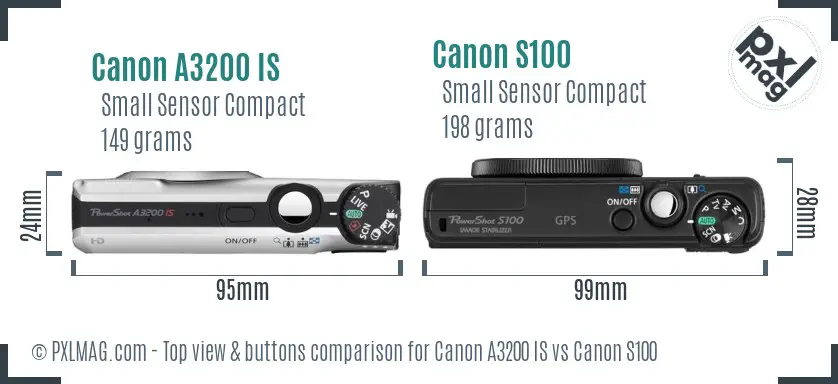 Canon A3200 IS vs Canon S100 top view buttons comparison