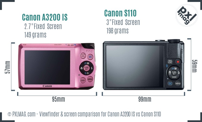 Canon A3200 IS vs Canon S110 Screen and Viewfinder comparison