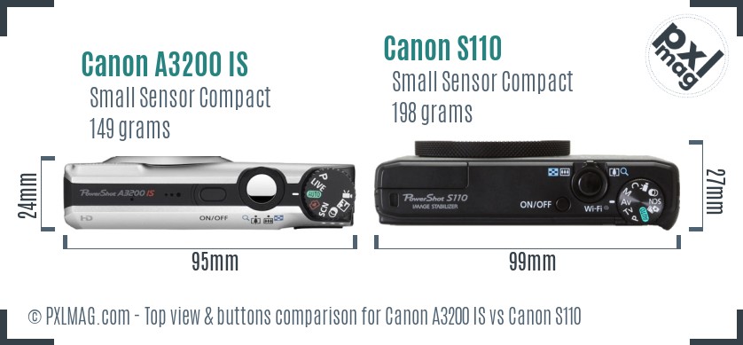 Canon A3200 IS vs Canon S110 top view buttons comparison
