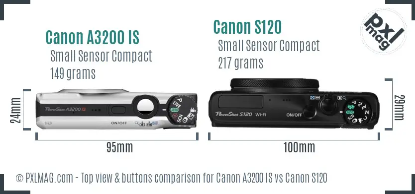 Canon A3200 IS vs Canon S120 top view buttons comparison