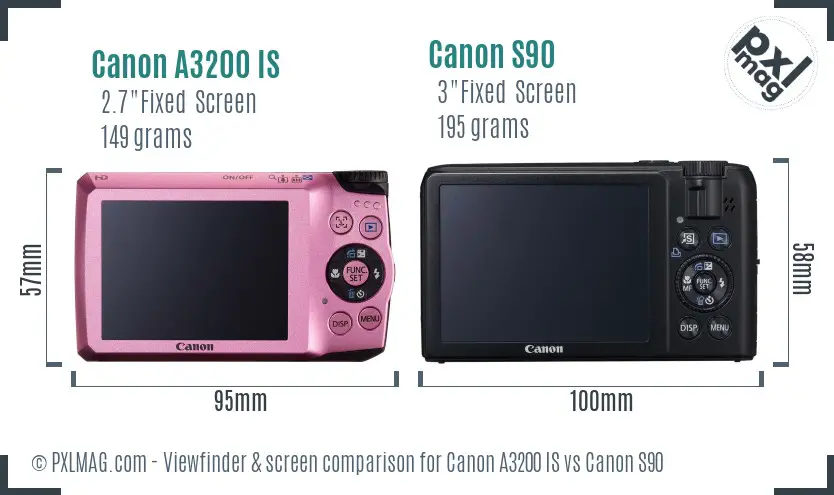 Canon A3200 IS vs Canon S90 Screen and Viewfinder comparison