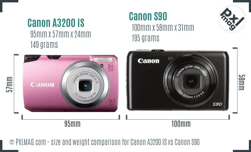 Canon A3200 IS vs Canon S90 size comparison