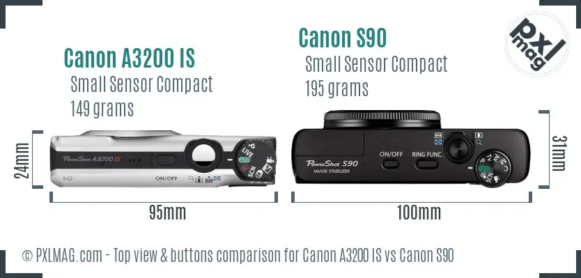 Canon A3200 IS vs Canon S90 top view buttons comparison