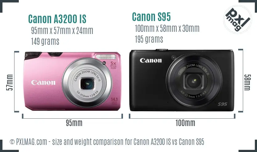 Canon A3200 IS vs Canon S95 size comparison
