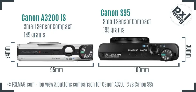Canon A3200 IS vs Canon S95 top view buttons comparison