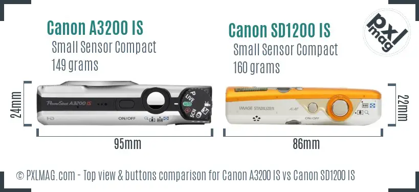 Canon A3200 IS vs Canon SD1200 IS top view buttons comparison