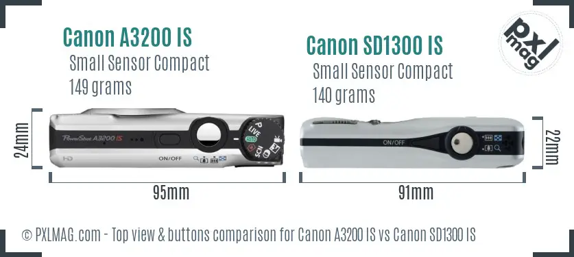 Canon A3200 IS vs Canon SD1300 IS top view buttons comparison