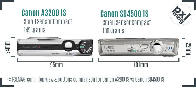 Canon A3200 IS vs Canon SD4500 IS top view buttons comparison
