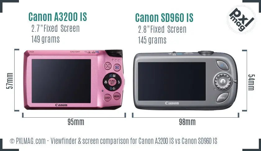 Canon A3200 IS vs Canon SD960 IS Screen and Viewfinder comparison