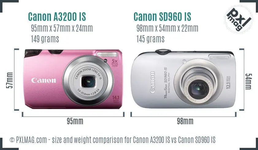 Canon A3200 IS vs Canon SD960 IS size comparison