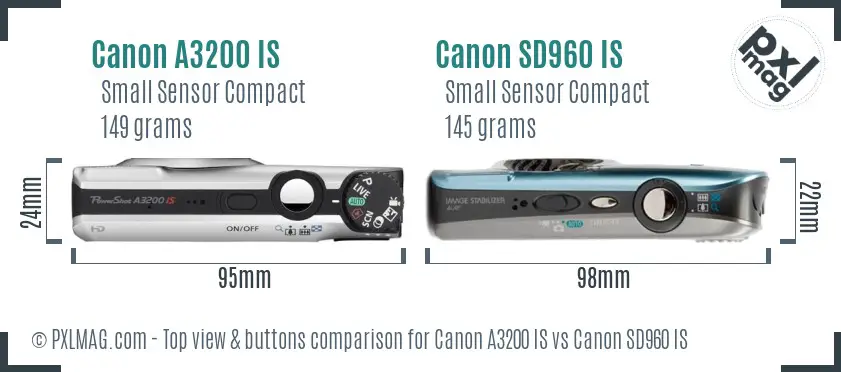 Canon A3200 IS vs Canon SD960 IS top view buttons comparison