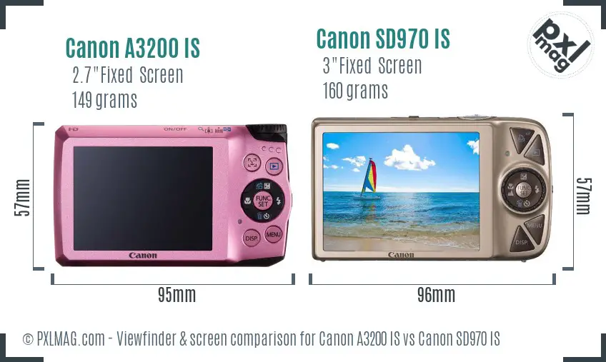 Canon A3200 IS vs Canon SD970 IS Screen and Viewfinder comparison