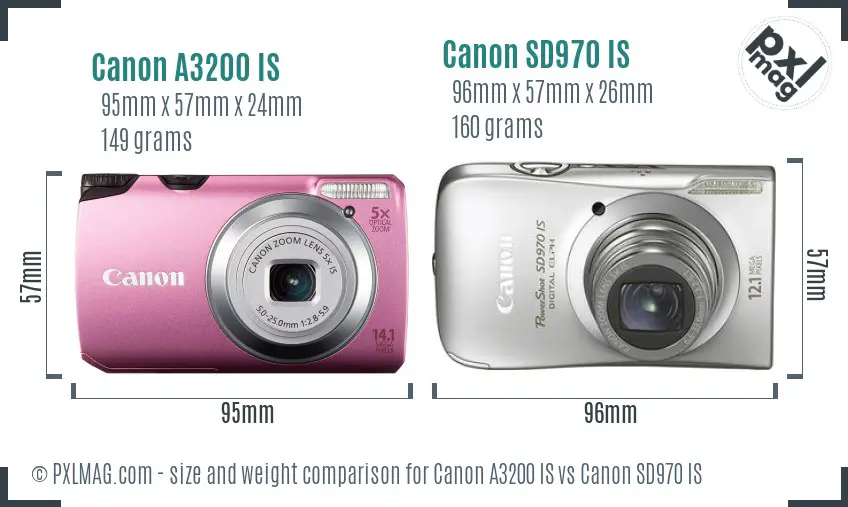 Canon A3200 IS vs Canon SD970 IS size comparison