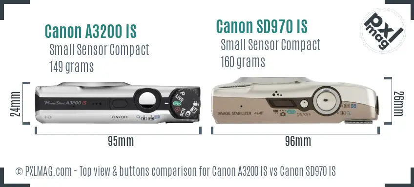 Canon A3200 IS vs Canon SD970 IS top view buttons comparison