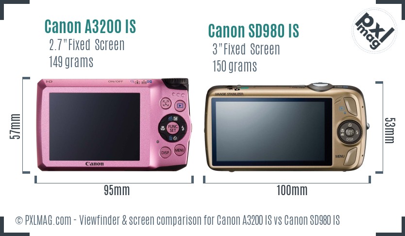 Canon A3200 IS vs Canon SD980 IS Screen and Viewfinder comparison