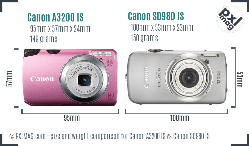Canon A3200 IS vs Canon SD980 IS size comparison