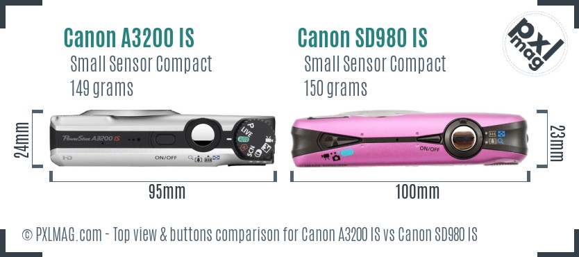 Canon A3200 IS vs Canon SD980 IS top view buttons comparison