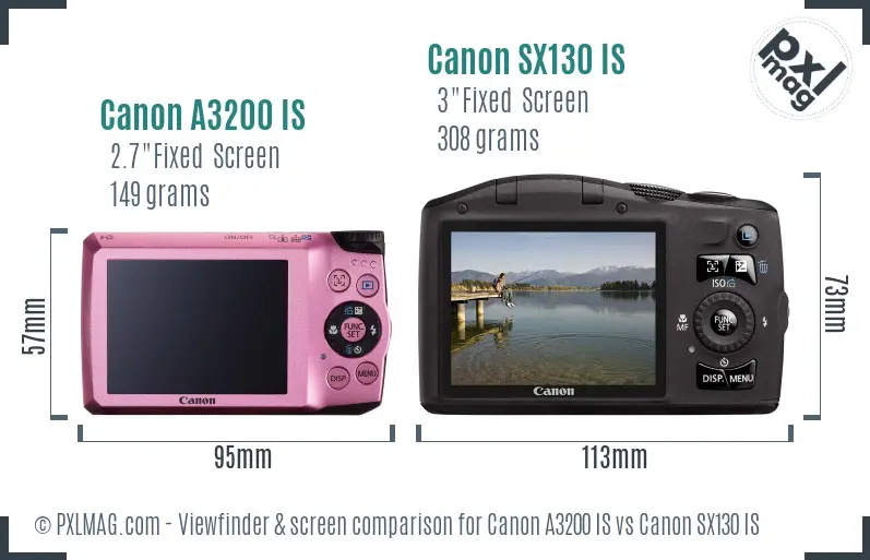 Canon A3200 IS vs Canon SX130 IS Screen and Viewfinder comparison