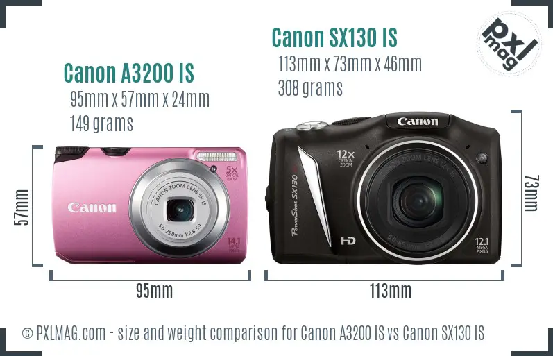 Canon A3200 IS vs Canon SX130 IS size comparison