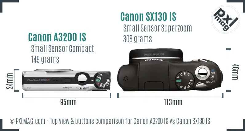 Canon A3200 IS vs Canon SX130 IS top view buttons comparison
