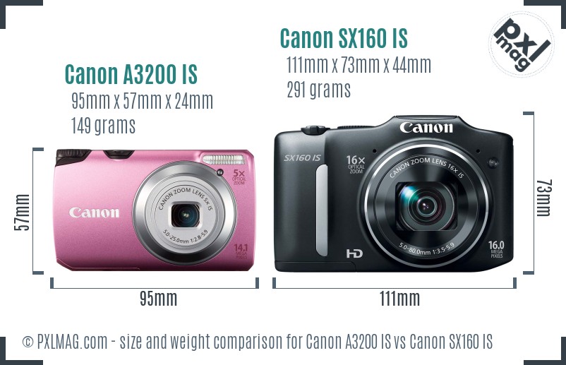 Canon A3200 IS vs Canon SX160 IS size comparison