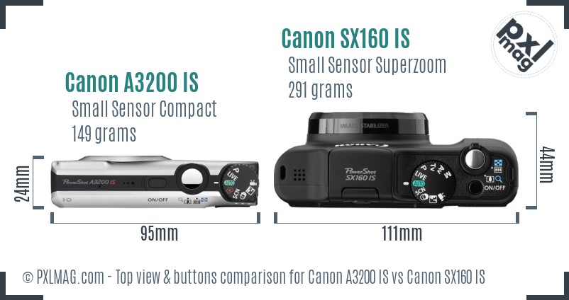 Canon A3200 IS vs Canon SX160 IS top view buttons comparison
