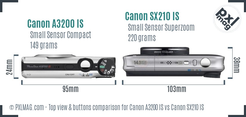 Canon A3200 IS vs Canon SX210 IS top view buttons comparison