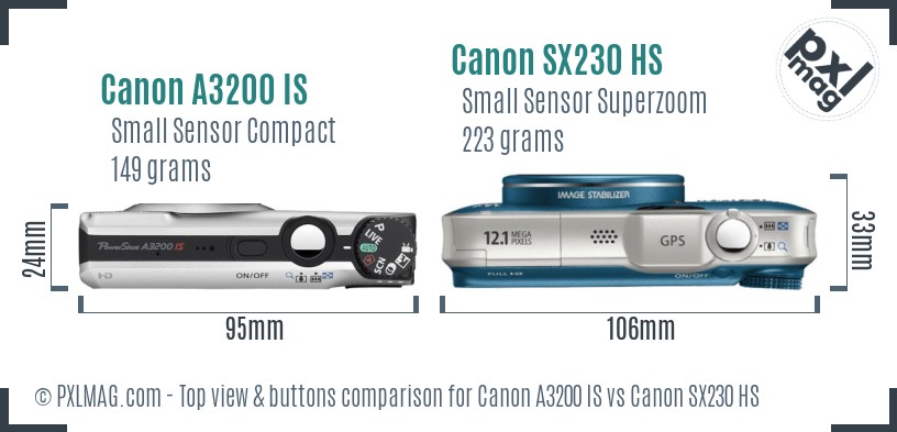 Canon A3200 IS vs Canon SX230 HS top view buttons comparison