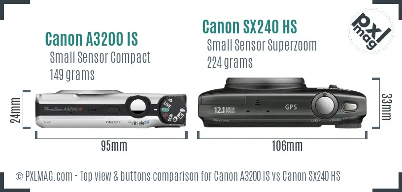 Canon A3200 IS vs Canon SX240 HS top view buttons comparison