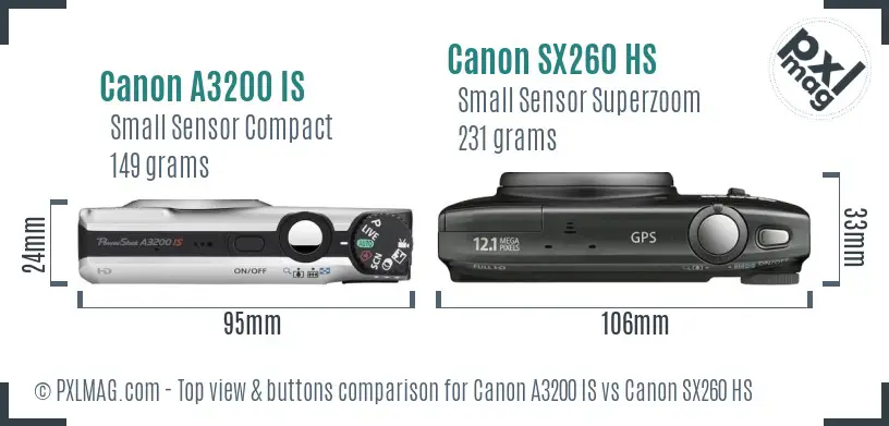 Canon A3200 IS vs Canon SX260 HS top view buttons comparison