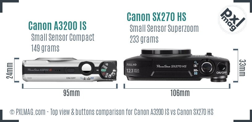 Canon A3200 IS vs Canon SX270 HS top view buttons comparison