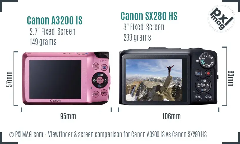 Canon A3200 IS vs Canon SX280 HS Screen and Viewfinder comparison