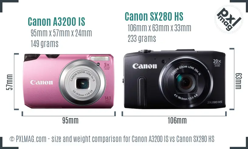 Canon A3200 IS vs Canon SX280 HS size comparison
