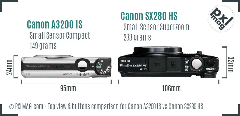 Canon A3200 IS vs Canon SX280 HS top view buttons comparison