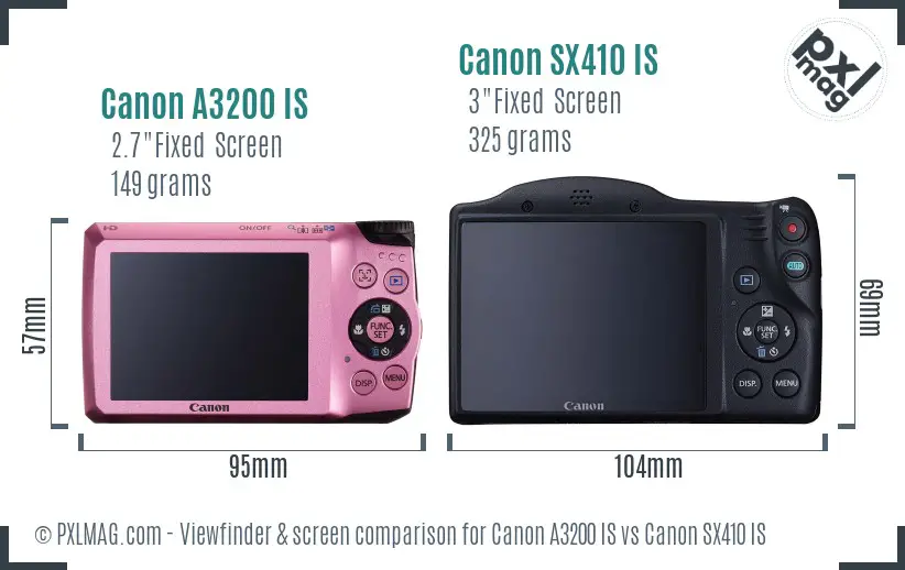 Canon A3200 IS vs Canon SX410 IS Screen and Viewfinder comparison