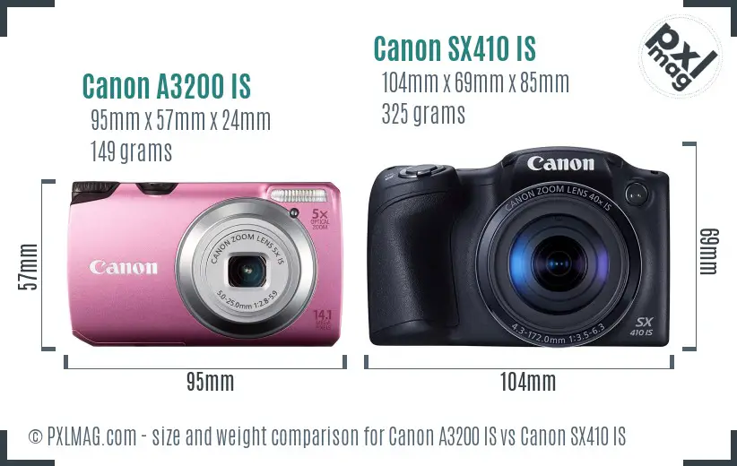 Canon A3200 IS vs Canon SX410 IS size comparison