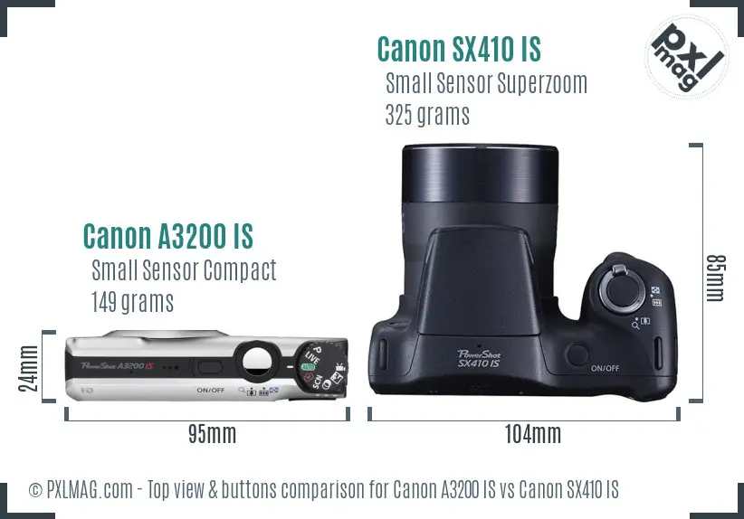 Canon A3200 IS vs Canon SX410 IS top view buttons comparison