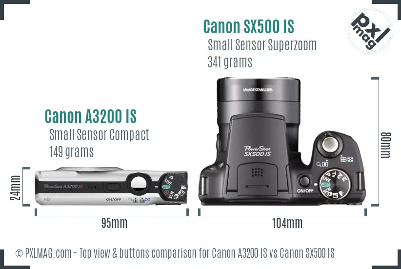 Canon A3200 IS vs Canon SX500 IS top view buttons comparison
